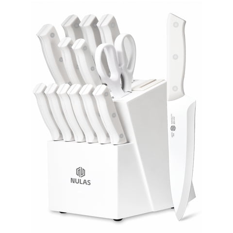 NULAS Knife Set, 14 Piece Kitchen Knife Set with Block Self Sharpening, Stainless Steel Dishwasher Safe, Anti-slip Handle, White