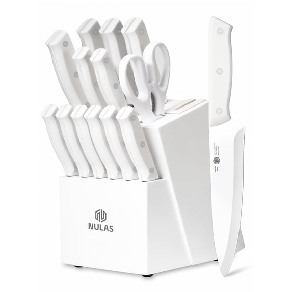 NULAS Knife Set, 14 Piece Kitchen Knife Set with Block Self Sharpening, Stainless Steel Dishwasher Safe, Anti-slip Handle, White