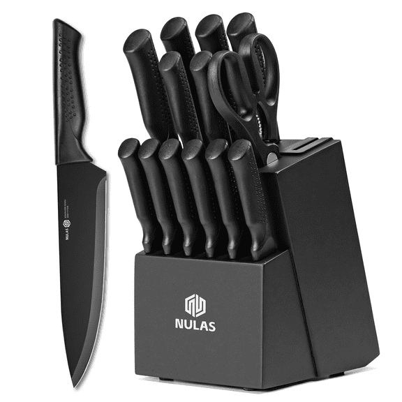 NULAS Knife Set, 14Piece Knife Sets for Kitchen with Block, Dishwasher Safe, Built in Sharpener Block, Black