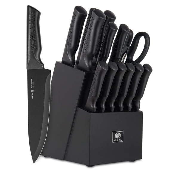 NULAS Knife Set, 14Piece Knife Sets for Kitchen with Block, Dishwasher Safe, Built in Sharpener Block, Glossy Black