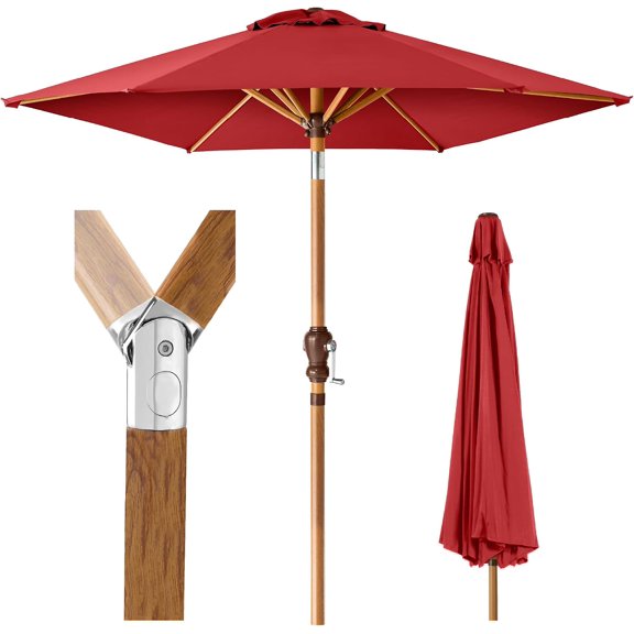 NULIAM 10ft Market Umbrella, Outdoor Sun Shade for Backyard, Deck, Poolside, Table w/Woodgrain Pattern, Easy Tilt & Crank - Red