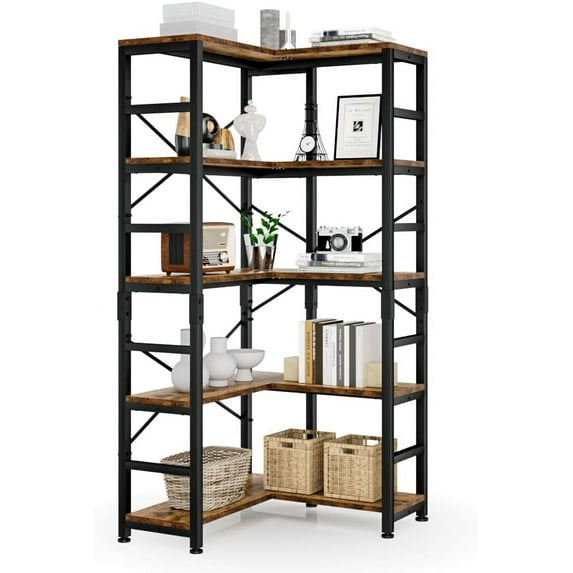 NUMENN 5 Tier Corner Bookshelf, Modern Corner Bookcase, Large Open Shelf Bookcase, Tall Bookshelves Storage Display Rack for Bedroom, Living Room and Home Office, Vintage