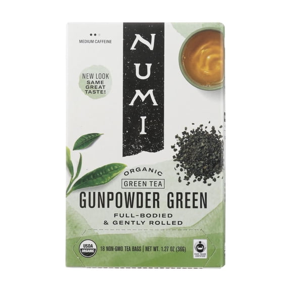 NUMI TEAS - Full-Bodied Gunpowder Green Tea Bags - 18 bg, Case of 6