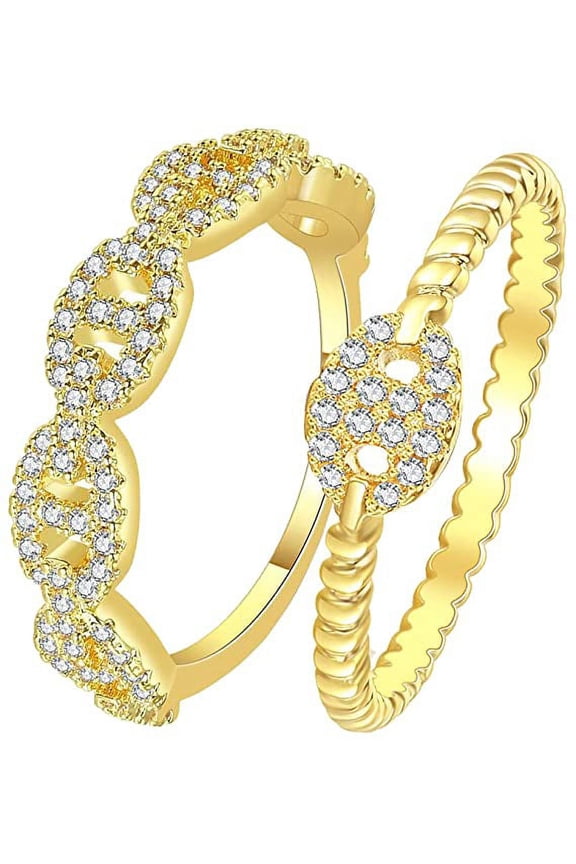 2Pcs 14K Gold Plated Stackable Ring Set for Women Cubic Zirconia Ring Chain Linked Ring Twisted Rope Band Dainty Jewelry Gifts