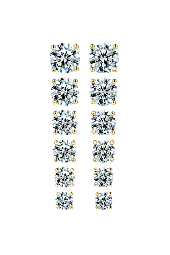 3mm-8mm Copper Round Cubic Zirconia Stud Earrings Set 6PCS