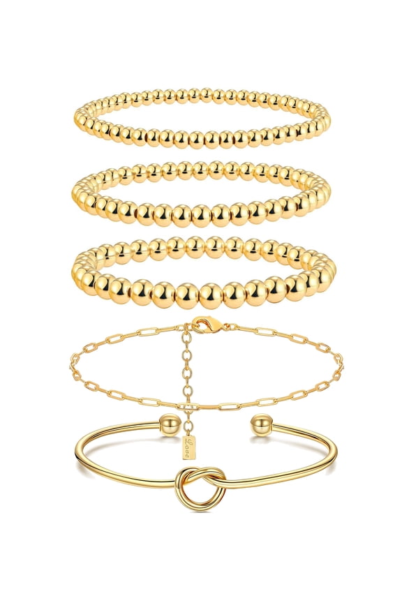 5 Pair 14K Gold Plated Link Chain Bead Ball Stretchable Elastic Bracelet