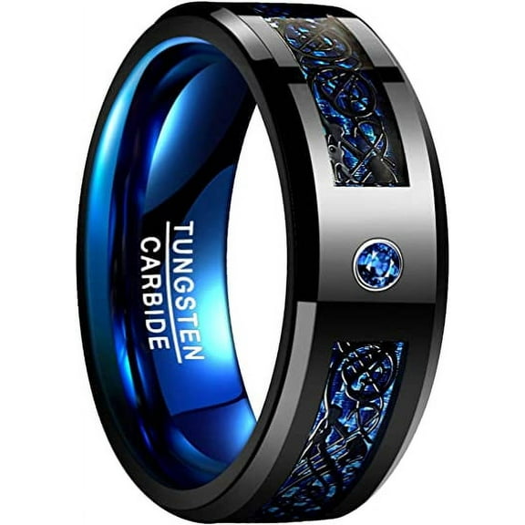 NUNCAD 6mm/8mm Tungsten Cabide Ring Unisex Black Celtic Dragon and Blue Carbon Fiber Inlay Wedding Band Size 6-16
