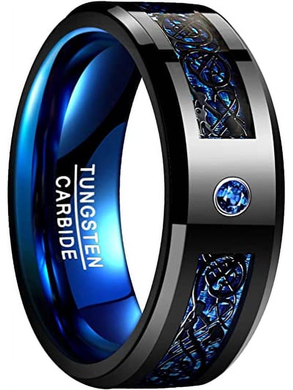 6mm/8mm Tungsten Cabide Ring Unisex Black Celtic Dragon and Blue Carbon Fiber Inlay Wedding Band Size 6-16