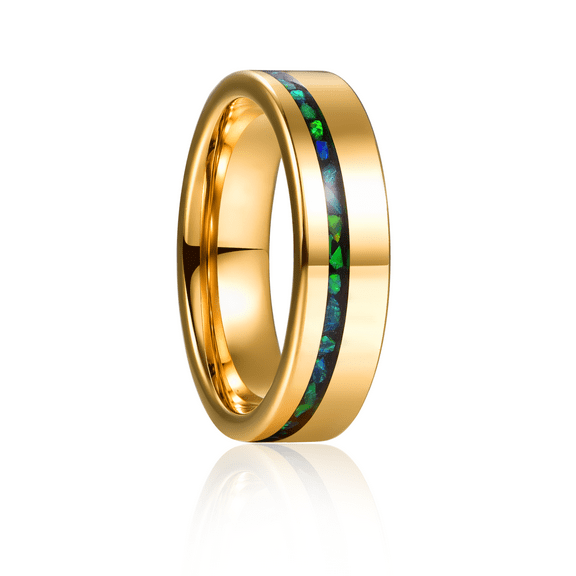 NUNCAD 6mm Men's Gold Tungsten Wedding Bands Eternity Engagement Ring with Crushed Green Created-Opal/Malachite Inlaid