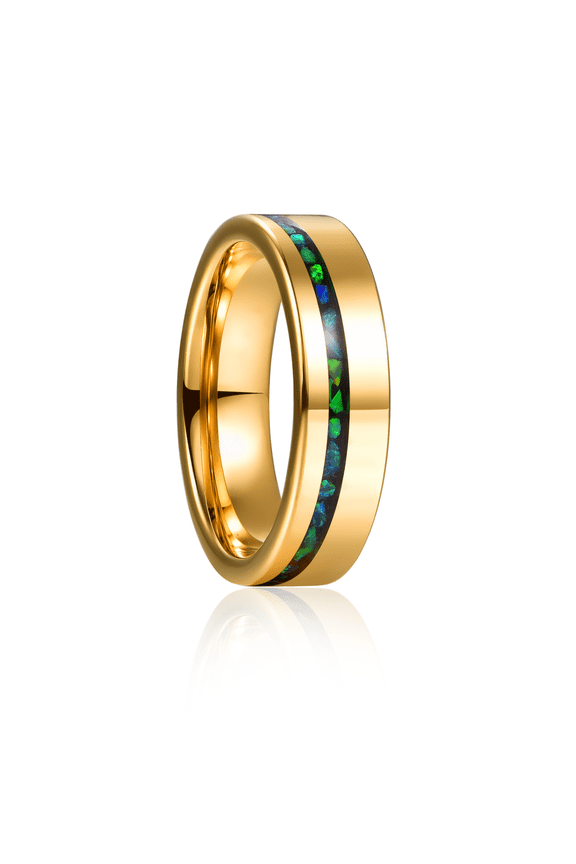 6mm Men's Gold Tungsten Wedding Bands Eternity Engagement Ring with Crushed Green Created-Opal/Malachite Inlaid