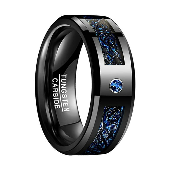 NUNCAD 8mm Blue Black Celtic Dragon Tungsten Rings Zircon and Carbon Fiber Inlay Wedding Band for Men Women Comfort Fit Size 7-12