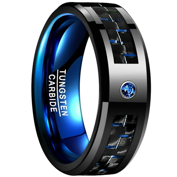 NUNCAD 8mm Men's Black and Blue Tungsten Carbide Ring Carbon Fiber Polished Finish Comfort Fit Size 6-15