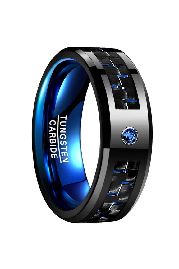 8mm Men's Black and Blue Tungsten Carbide Ring Carbon Fiber Polished Finish Comfort Fit Size 6-15