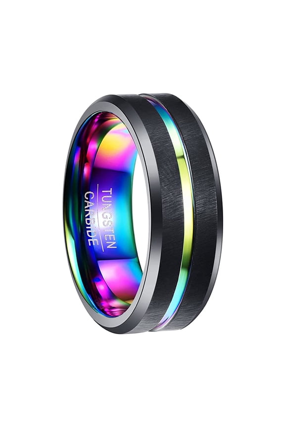 8mm Men's Tungsten Rings Grooved Black Matte Finish Beveled Edges Multi-Color Size 7 to 15