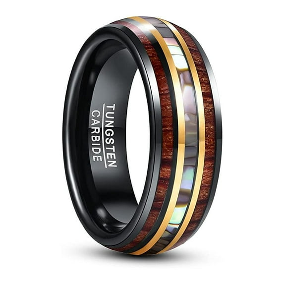 NUNCAD 8mm Tungsten Rings for Men Hawaiian Koa Wood Domed Abalone Shell Center Wedding Bands
