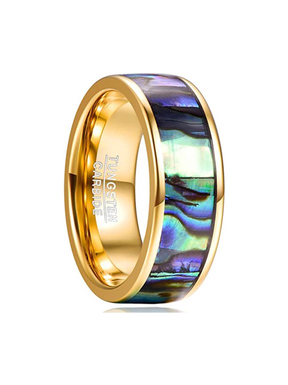8mm Tungsten Rings for Men Women Abalone Shell Wedding Band Flat Edges Comfort Fit Size 7-12