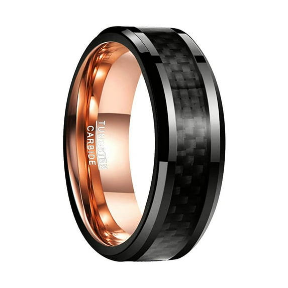NUNCAD 8mm Tungsten Wedding Ring for Men Women Black Carbon Fiber Inlay Polished Beveled Edges Size 7-12