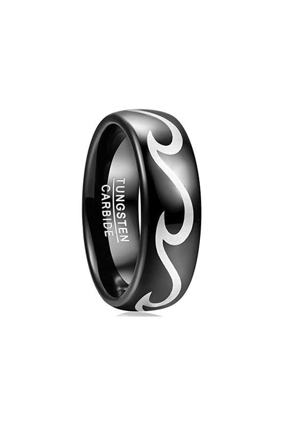 Black Tungsten Ring 8mm for Men with Wave Pattern Polished Finish Size 7-12