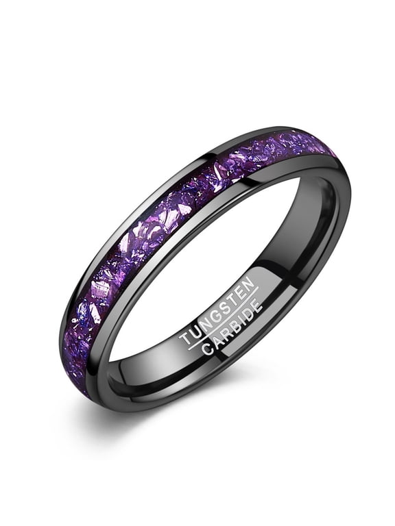 Black Tungsten Ring, Amethyst & Galaxy Opal Inlaid Band, 4mm Comfort Fit Wedding Promise Engagement Ring, Unisex Size 5-9