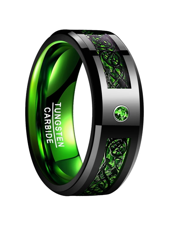 Black and Green 8mm Men's Tungsten Carbide Ring Carbon Fiber Wedding Band Size6-16