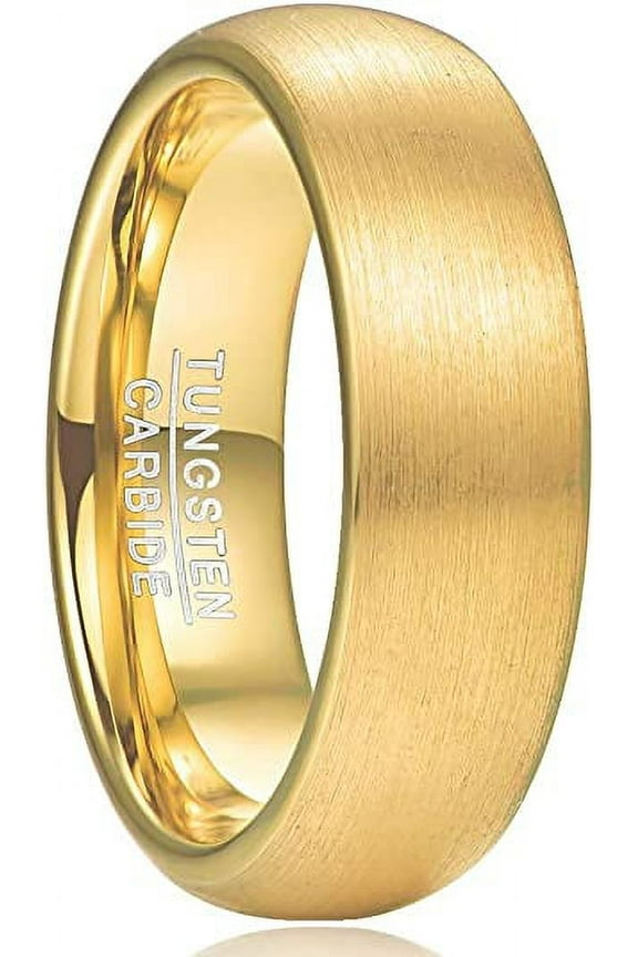 Classic 6mm Gold Tungsten Carbide Rings Brushed Finish for Men Women Domed Wedding Band Size 5-12