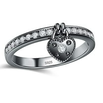 NUNCAD Heart Dangle Promise Ring Cubic Zirconia Ring Black Silver Heart Charm Ring for Girlfriend