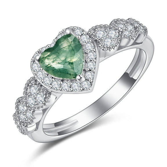 NUNCAD Heart Shape Moss Agate Ring for Women 925 Sterling Silver Engagement Ring with Cubic Zirconia