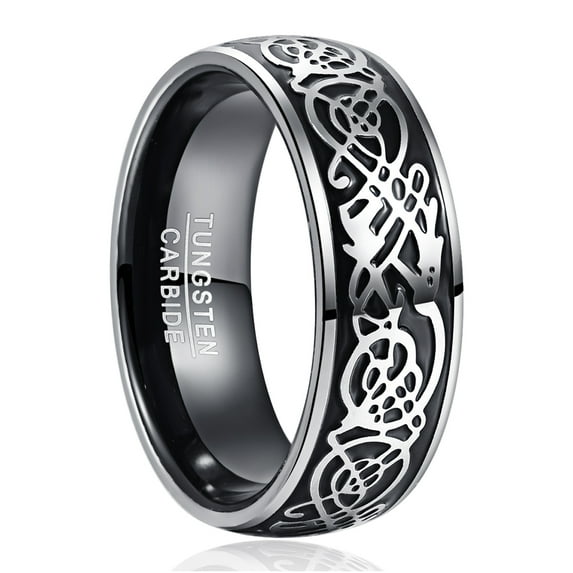 NUNCAD Men's 8mm Black Tungsten Carbide Domed Wedding Ring Three-Dimensional Dragon Pattern Engagement Rings Size 7-12