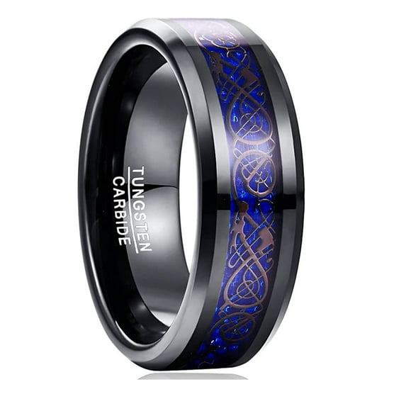 NUNCAD Men's 8mm Black Tungsten Carbide Wedding Ring Celtic Tungsten Ring Celtic Dragon Inlay Blue Polished Finish