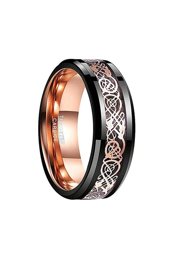 Men's 8mm Black Tungsten Carbide Wedding Ring Celtic Tungsten Ring Celtic Dragon Inlay Green Polished Finish