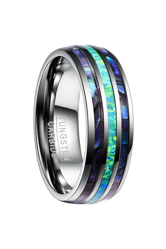 Men's 8mm Tungsten Carbide Ring Green Opal and Abalone Shell Wedding Engagement Ring
