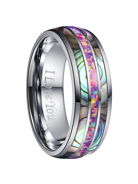 Men's 8mm Tungsten Carbide Ring Purple Red Opal and Abalone Shell Wedding Engagement Ring