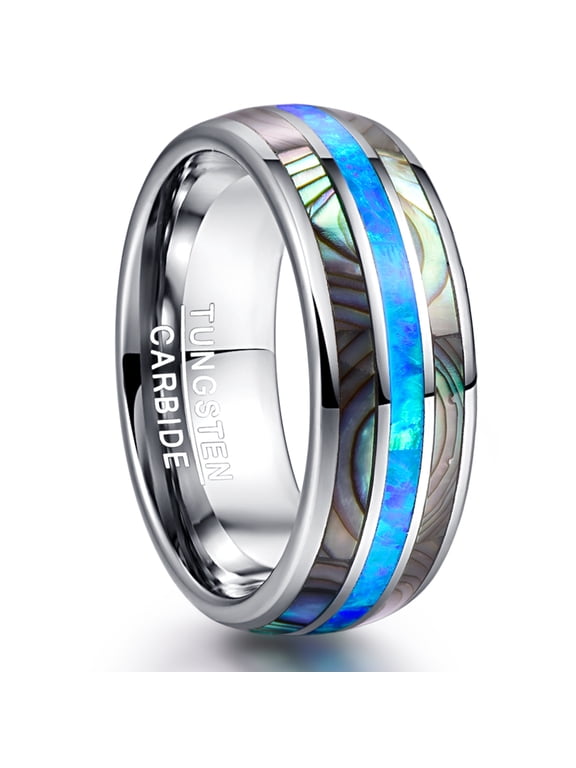 Men's 8mm Tungsten Carbide Ring Real Blue/Green Opal and Abalone Shell Wedding Engagement Ring Band Size 5 to 15