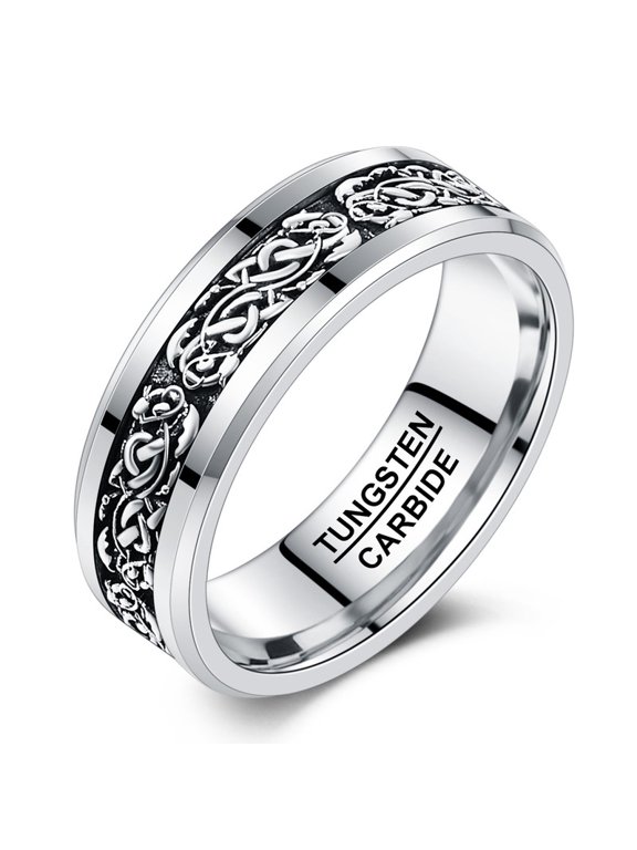 Men's Tungsten Carbide Wedding Band, Dichrolam Celtic Dragon Inlay, Beveled Edge, Comfort Fit, Engravable Custom Ring, Sizes 8-12