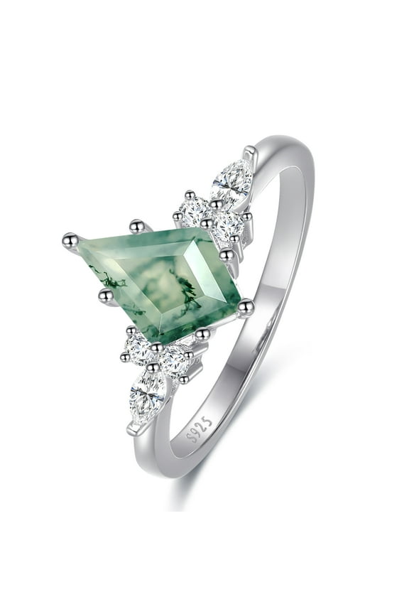 Moss Agate Rings for Women - Kite Cut Engagement Rings 925 Sterling Silver Ring for Women Size 5-9