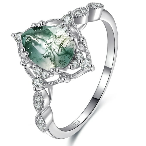 NUNCAD Pear Cut Moss Agate Rings for Women 925 Sterling Silver Engagement Ring Size 5-9