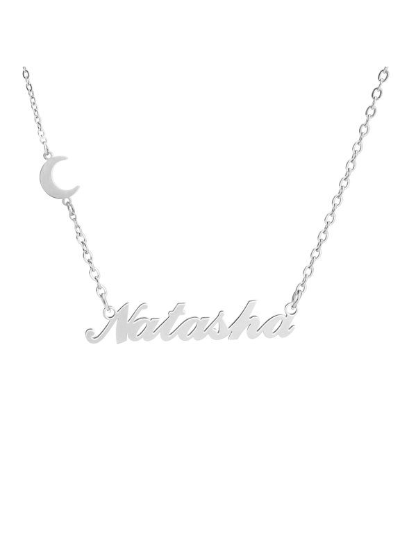 Personalized Name Necklace with Moon, Silver Stainless Steel Custom Nameplate Pendant Necklaces, Cross Chain, 6 Chain Length Options