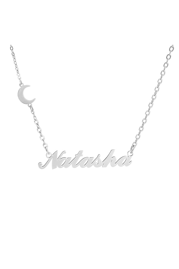 Personalized Name Necklace with Moon, Silver Stainless Steel Custom Nameplate Pendant Necklaces, Cross Chain, 6 Chain Length Options