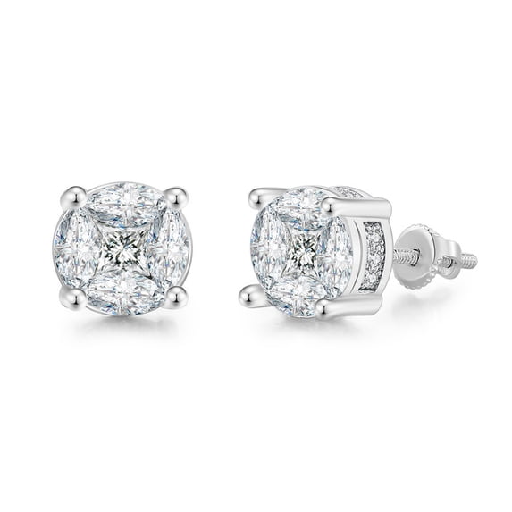 NUNCAD Round 8mm White Zirconia White Gold Stud Earrings Screw Back Stud Earrings Micropave Hip Hop Jewelry