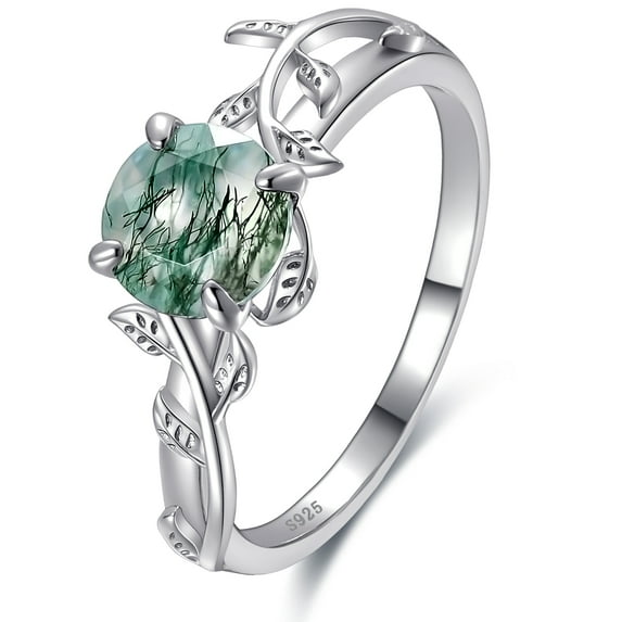 NUNCAD Round Cut Moss Agate Rings for Women 925 Sterling Silver Leaf Rings Unique Moss Agate Engagement Ring Size 5-9