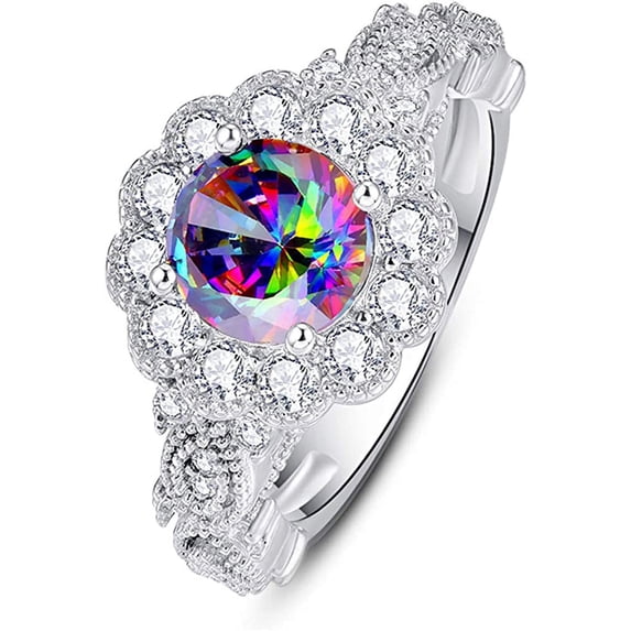 NUNCAD Round Oval Cut Created Mystic Rainbow Topaz Cubic Zirconia CZ 925 Sterling Silver Halo Engagement Rings for Women