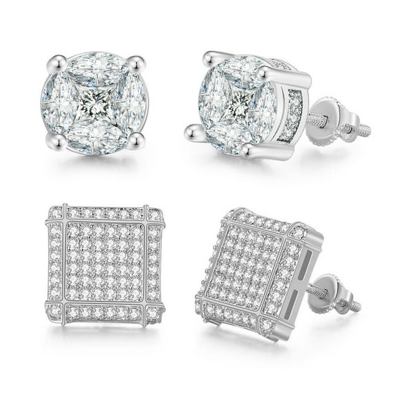 NUNCAD Square Round Hip Hop Stud Earrings Cubic Zirconia Stud and Cubic Zirconia Stud Earring Set, 2 Pair