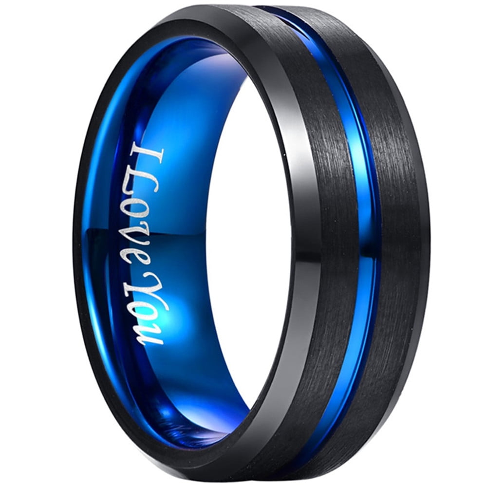 NUNCAD Bague Pour Homme En Tungstène 6mm -Noir Et Bleu- I Love You