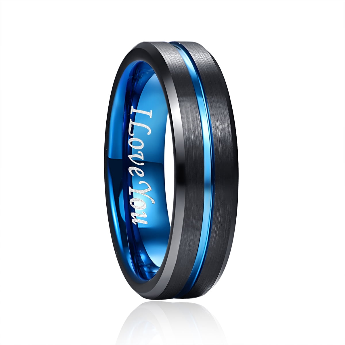 Bague En Tungstène Noir Rainure Bleu - Gravée "I Love You" - 4/6/8/10mm Pour Couple Mariage