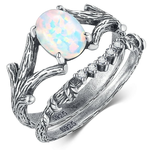 NUNCAD White Opal Ring 925 Sterling Silver Engagement Rings Set for Women Vine Leaf Vintage Branch Wedding Rings