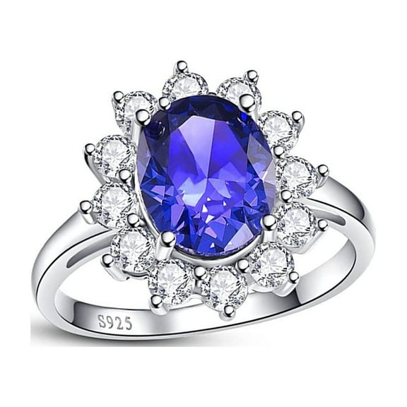 NUNCAD Women's 925 Sterling Silver Oval Cut Created Tanzanite Princess Diana Engagement Ring