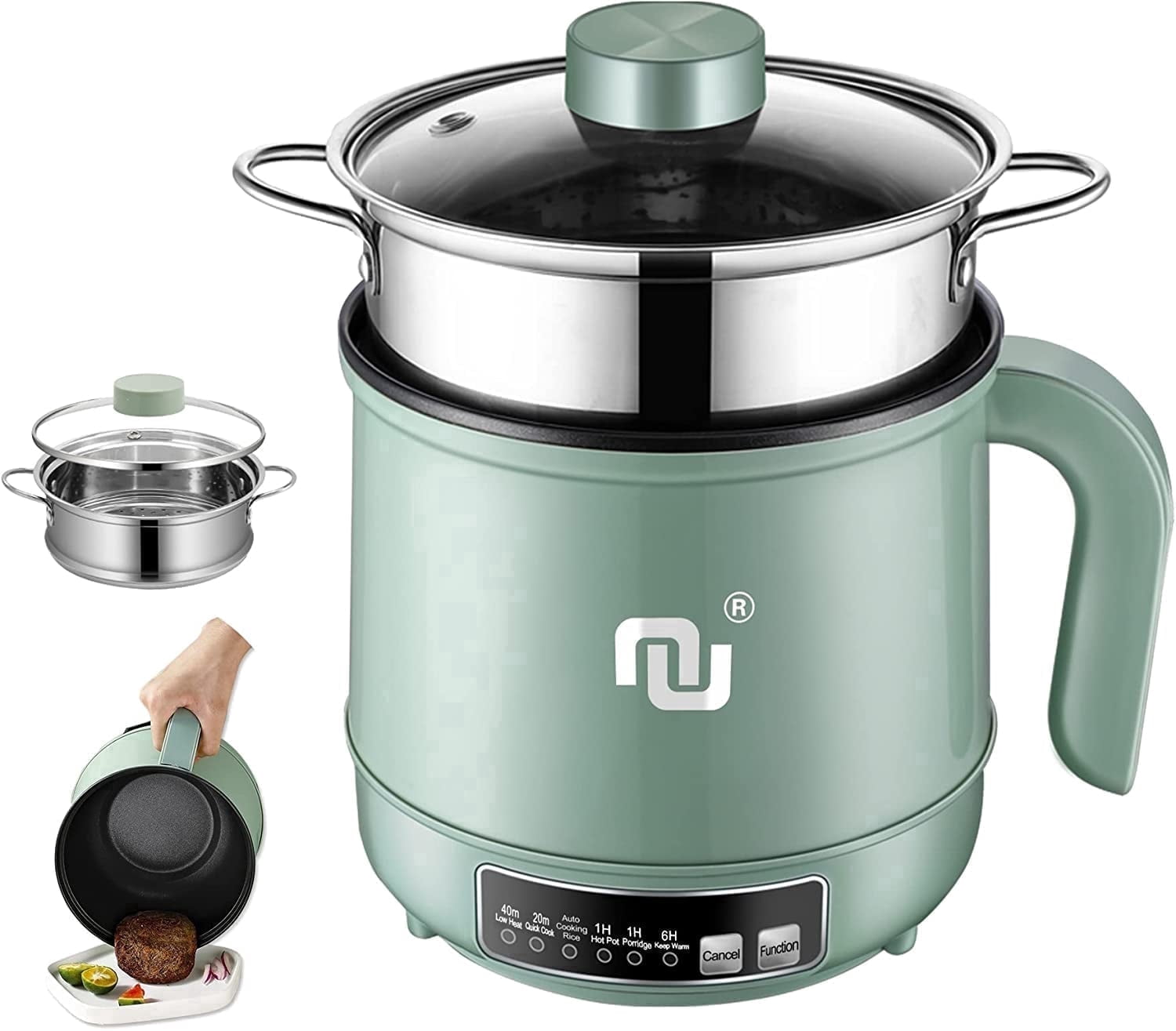 NUNET 1.2L Electric Mini Hot Pot with Steamer, 1.3 Qt Multi-Functional Noodle Cooker with Timer and Auto Shut-off, 600W