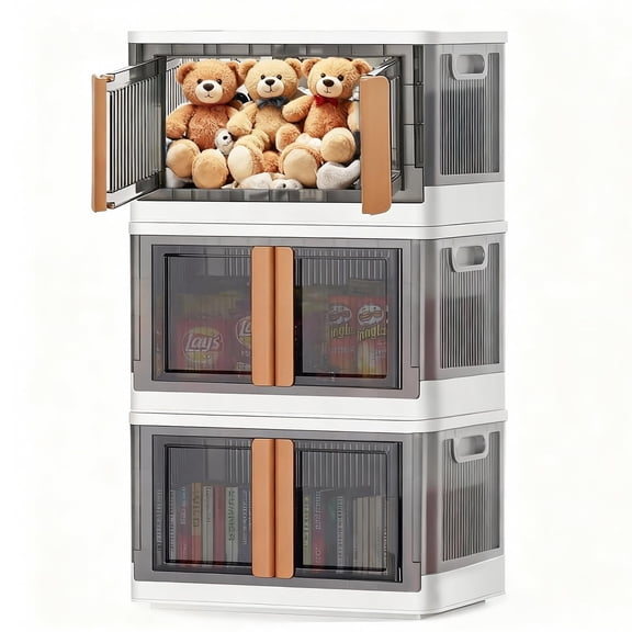 NUNET 228QT Extra Large Stackable Closet Organizer Foldable Storage Boxes w. Lids 3 * 19Gal Clear Collapisble Movable Dismountable Storage Bins, Open Front Doors & Wheels (3 Black)