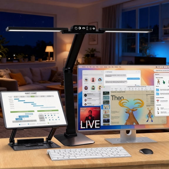 NUNET 24W LED Desk Lamp with 2-in-1 Weighted Base & Clamp, 26.8" Dual Monitor Light Bar, Remote, Eye-Caring Red Light Beads, Stepless Dimming, Adjustable Architect Swing Arm for Home Office, Black