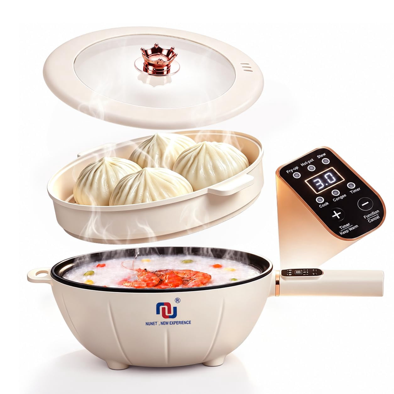 4L Electric Skillet 1000W Electric Cooker with Non-Stick Coating & Steamer, Timer & Schedule Cooking Settings, 12" Large Electric Hot Pot with Lid for Soup, Pasta, Frying, Stir-Fry